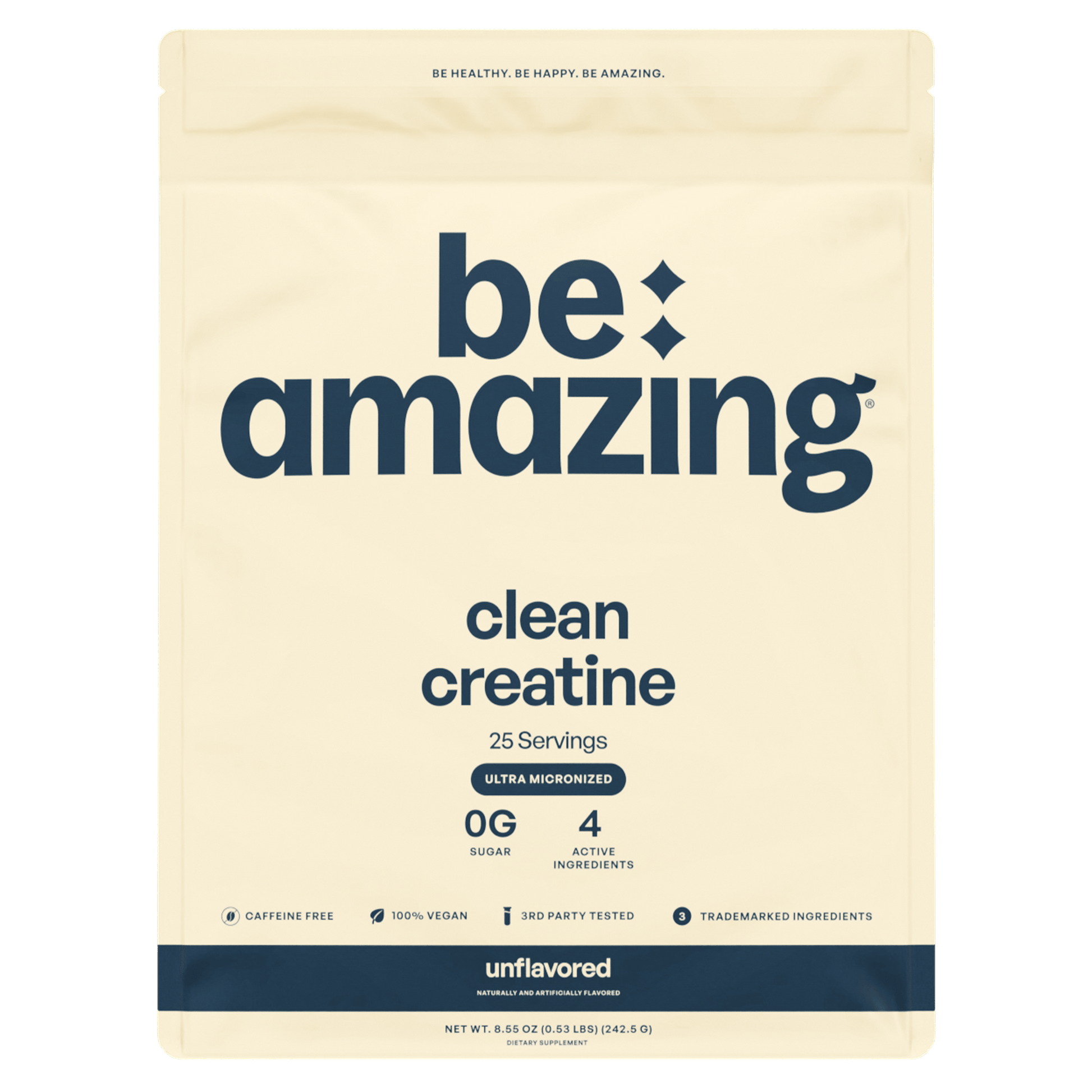 Unflavored Be Amazing Clean Creatine powder in a clear container with a white lid, labeled as a dietary supplement for fitness.