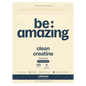 Unflavored Be Amazing Clean Creatine powder in a clear container with a white lid, labeled as a dietary supplement for fitness.