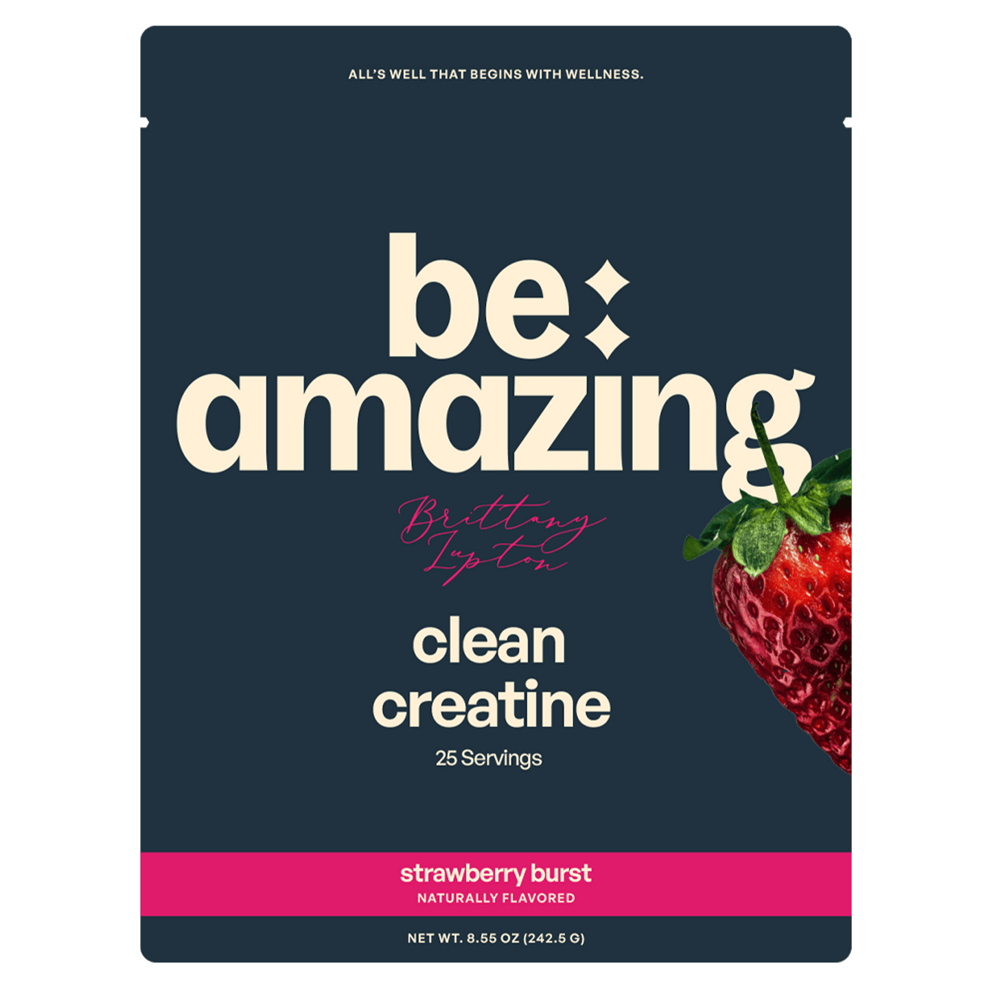 Be Amazing Clean Creatine powder in strawberry burst flavor, shown in a clear container with a scoop and strawberry pieces.