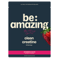 Be Amazing Clean Creatine powder in strawberry burst flavor, shown in a clear container with a scoop and strawberry pieces.