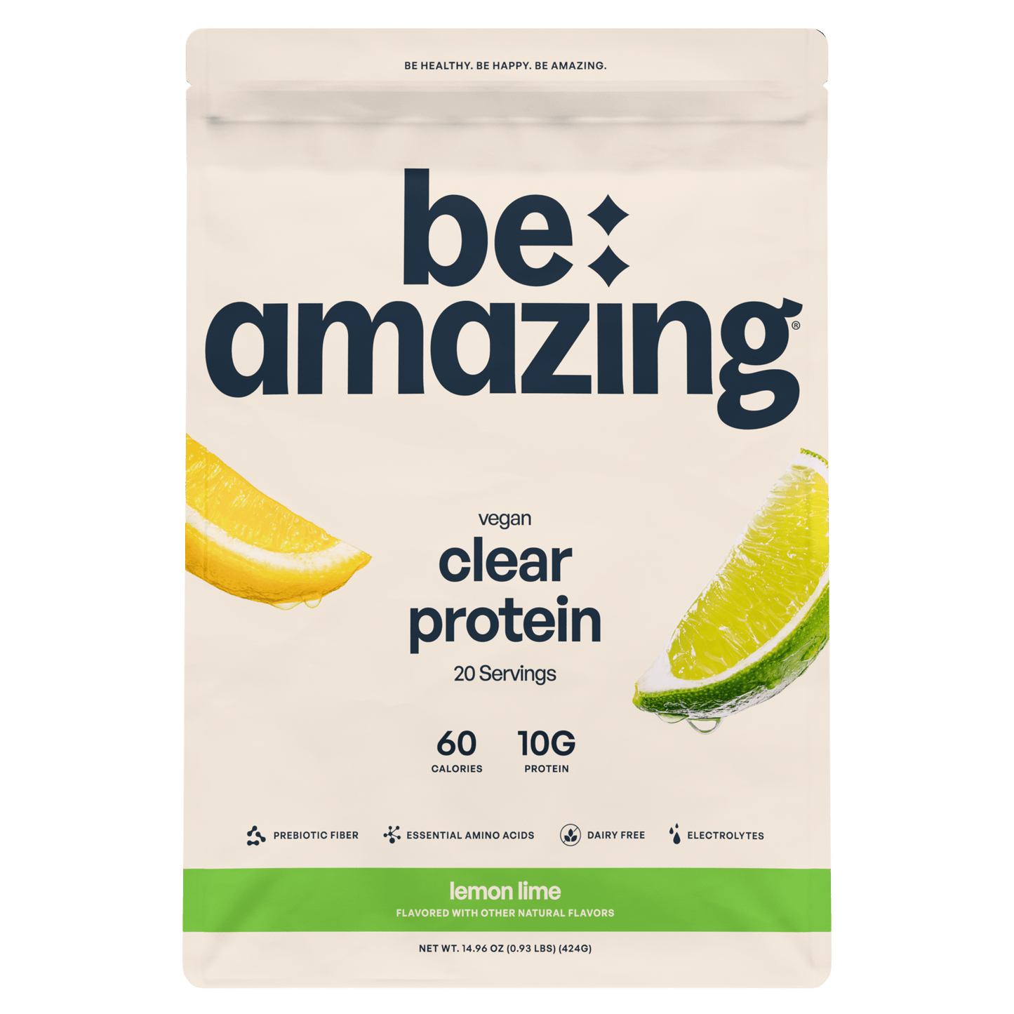 Be Amazing Clear Vegan Protein in Lemon Lime flavor, showing a transparent bottle with vibrant lemon and lime imagery.