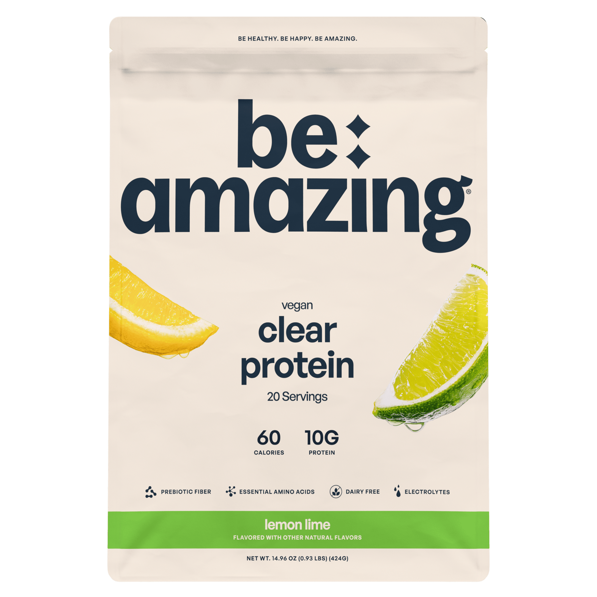 Be Amazing Clear Vegan Protein in Lemon Lime flavor, showing a transparent bottle with vibrant lemon and lime imagery.