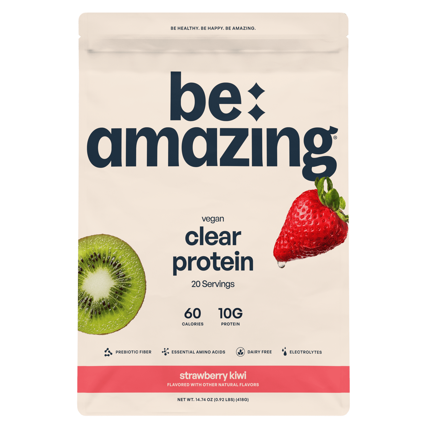 Be Amazing clear vegan protein in strawberry kiwi flavor, showing a transparent bottle with pink and green liquid inside.