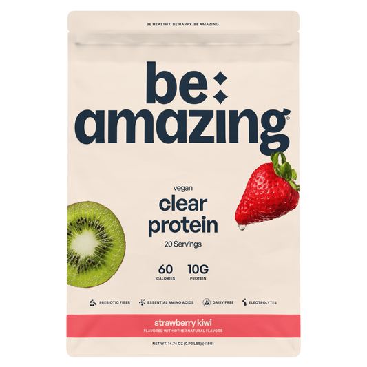Be Amazing clear vegan protein in strawberry kiwi flavor, showing a transparent bottle with pink and green liquid inside.