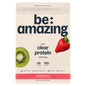 Be Amazing clear vegan protein in strawberry kiwi flavor, showing a transparent bottle with pink and green liquid inside.