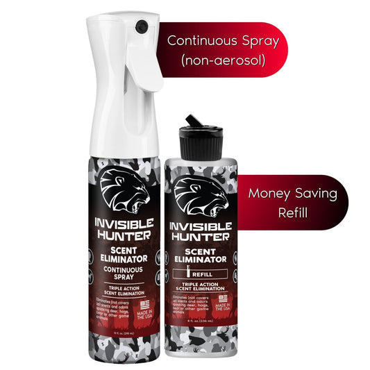 Zone Protects Invisible Hunter Scent Eliminator continuous spray and refill for scent control in outdoor hunting activities.