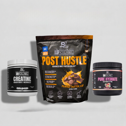 BlackLabel Supplements Starter Stack featuring creatine supplement in a clear bottle with a white label and black cap.