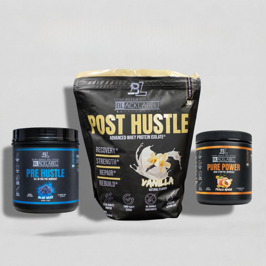 BlackLabel Supplements training stack featuring creatine powder for muscle performance and workout enhancement.
