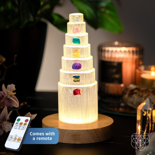Night light featuring the Stress Shield Lamp with 7 healing stones and remote control, designed for calming and relaxation.