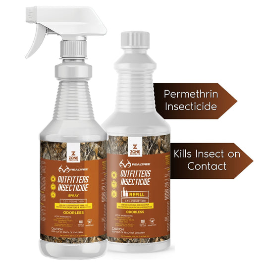 Zone Protects Realtree Outfitter's Permethrin insecticide bundle with 32oz spray and refill, used for outdoor pest protection.