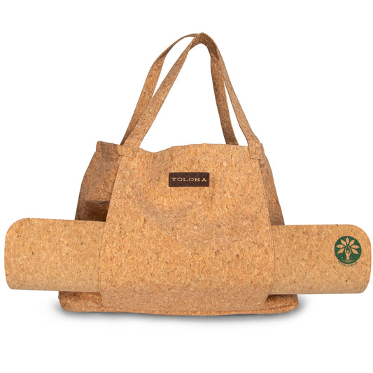 Yoloha Yoga cork tote bag with integrated yoga mat holder, stylish and durable for carrying yoga essentials.