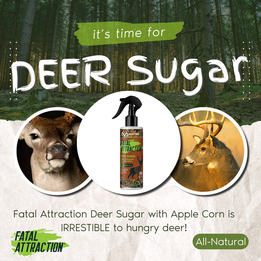 Realtree Fatal Attraction deer sugar attractant by Zone Protects with apple corn flavor, shown in a jar with deer attractant pellets.