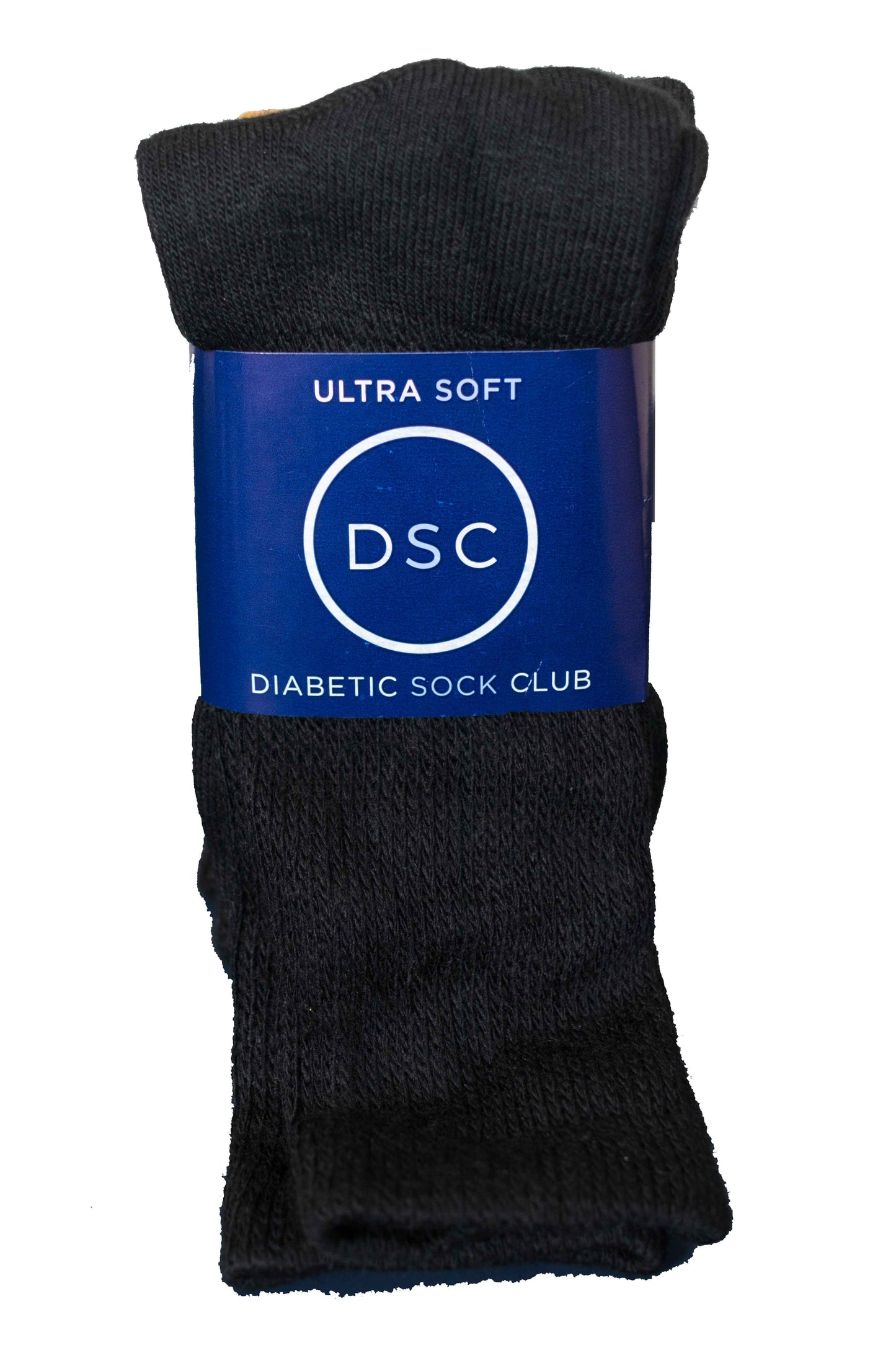 Four pairs of DSC men's ultra-soft upper calf diabetic socks, featuring seamless design and breathable fabric for comfort.