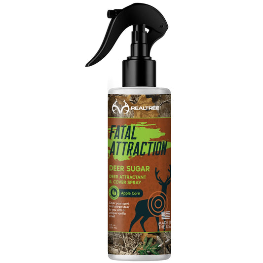 Deer sugar attractant by Zone Protects featuring Realtree Fatal Attraction apple corn flavor in a resealable bag.