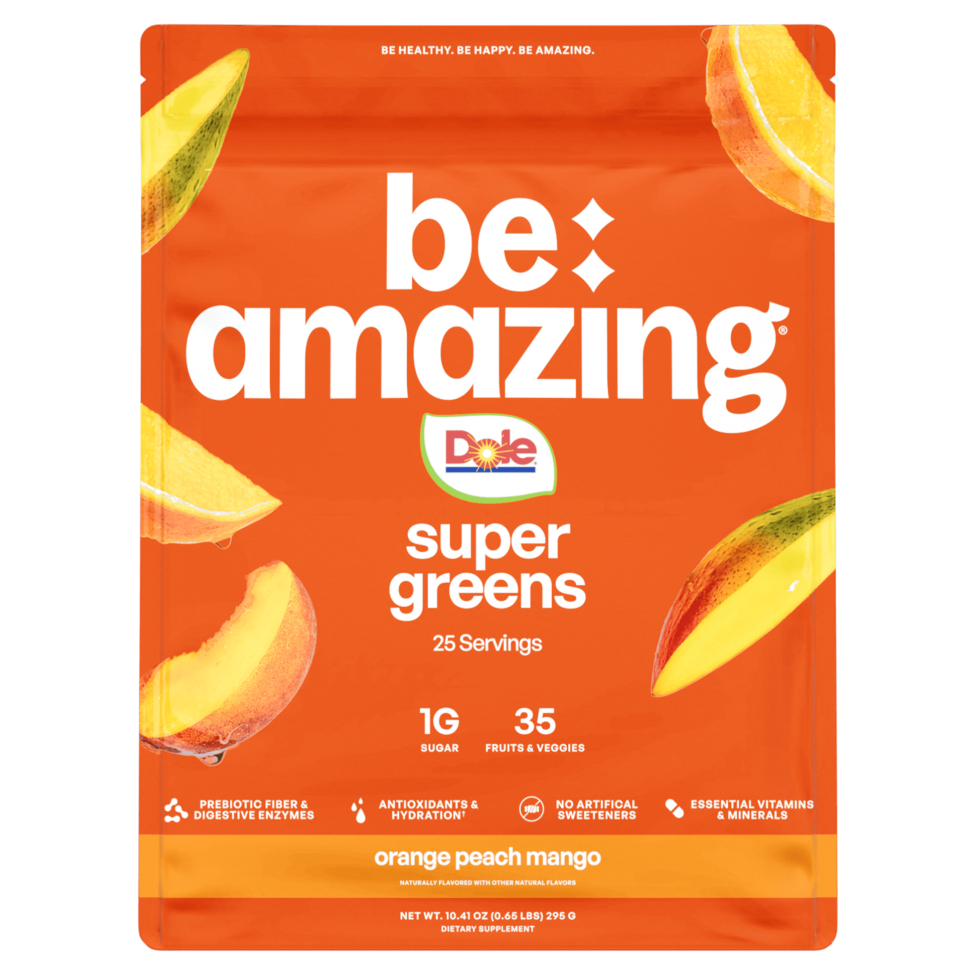 Dole orange peach mango super greens powder by Be Amazing, featuring vibrant green, orange, and peach-colored super greens blend.