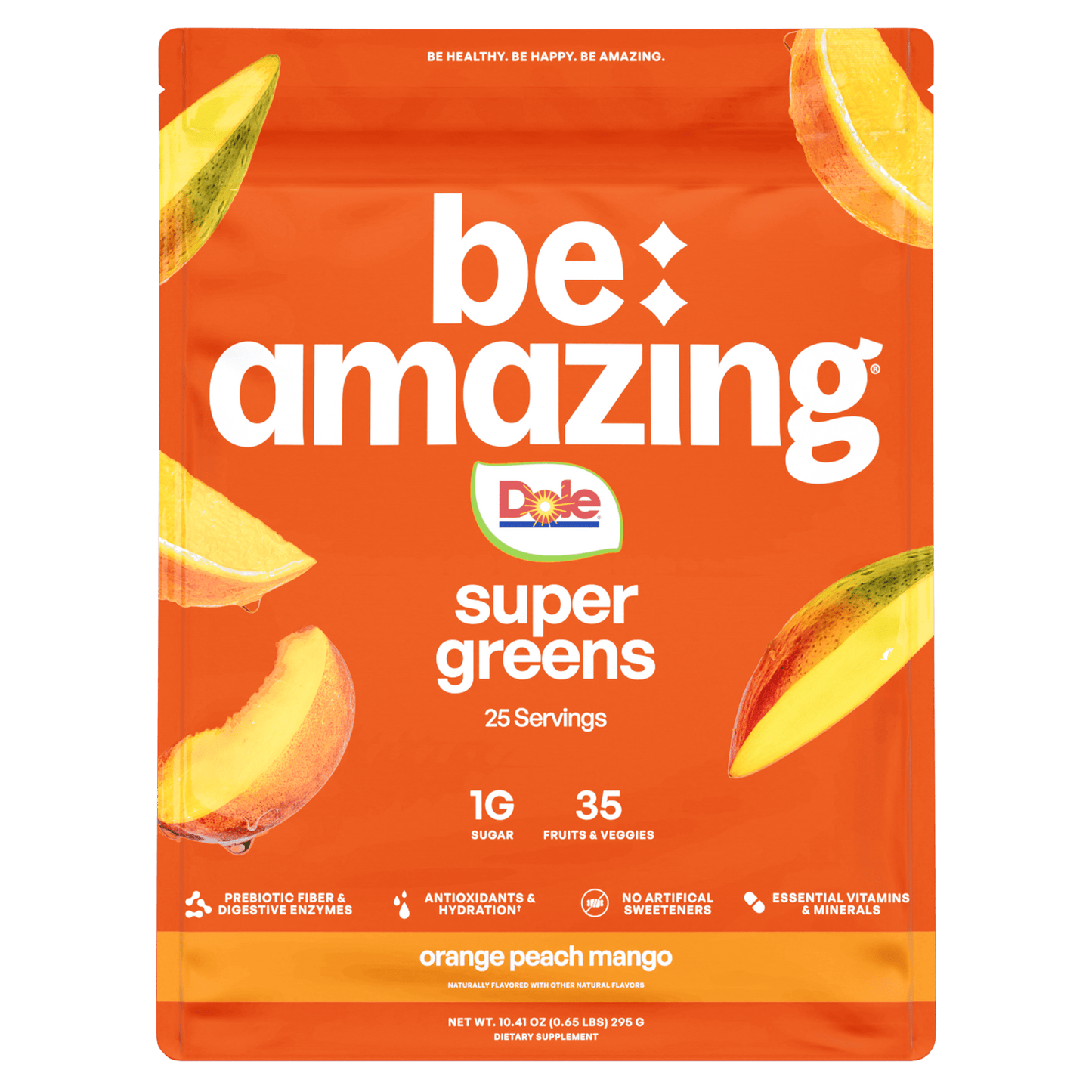Be Amazing Super Greens juice with orange, peach, and mango in a clear glass bottle, showcasing vibrant fruit flavors.