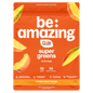 Be Amazing Super Greens juice with orange, peach, and mango in a clear glass bottle, showcasing vibrant fruit flavors.