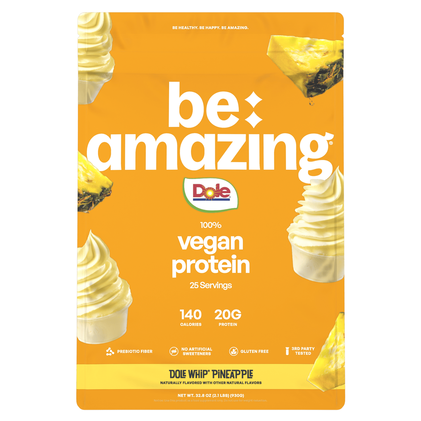 Be Amazing vegan protein powder in a pineapple Dole Whip flavor container, showing the label and product packaging.