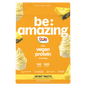 Be Amazing vegan protein powder in a pineapple Dole Whip flavor container, showing the label and product packaging.