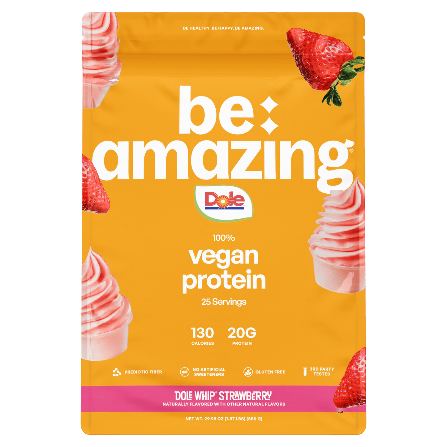 Vegan protein powder by Be Amazing in strawberry flavor, featuring a colorful Dole Whip-inspired packaging with scoop and ingredients.