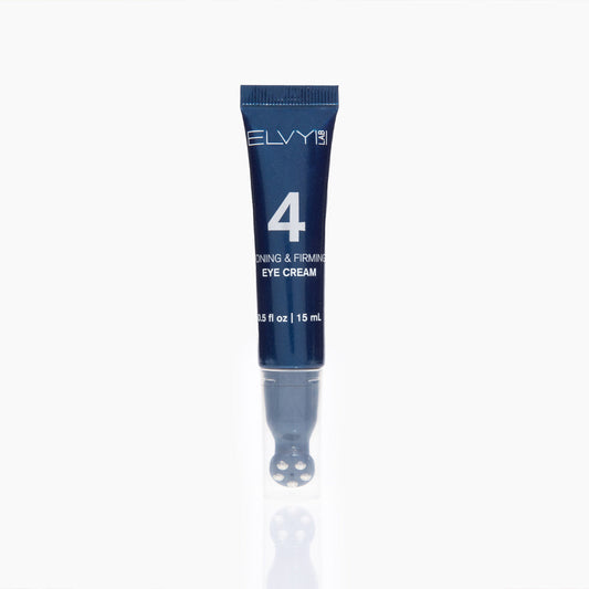 ELVY Lab Toning & Firming Eye Cream jar with applicator tip, designed to reduce puffiness and smooth fine lines around the eyes.