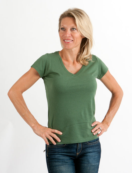 Women's bamboo V-neck cap sleeve T-shirt by Spun Bamboo, featuring a comfortable fit and natural fabric in a pine color.
