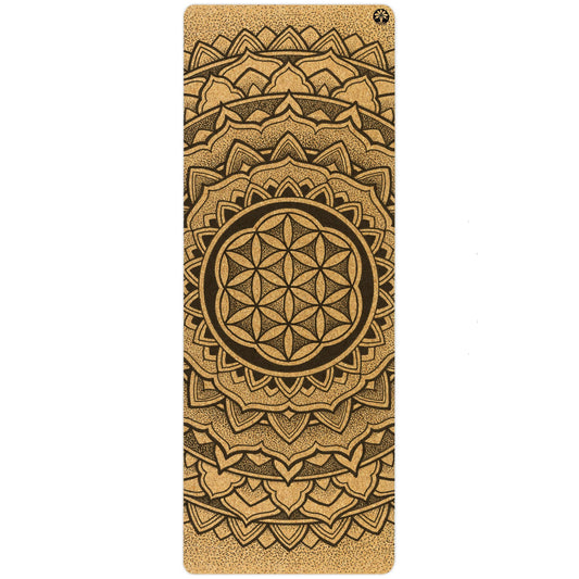 Yoloha Yoga Earth Rest Nomad Cork Yoga Mat laid flat, showing textured cork surface with natural earthy tones for yoga and Pilates practice