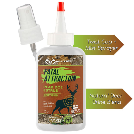 Realtree Fatal Attraction Deer Attractant Peak Doe Estrus in spray bottle, designed to attract deer during rutting season.