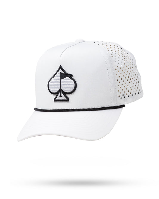 White perforated rope hat by Pins and Aces, featuring a stylish spade design, perfect for casual accessories and sun protection.