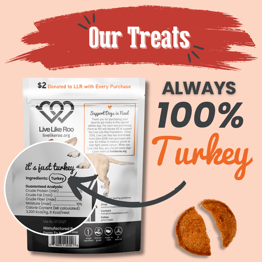 Farm To Pet Live Like Roo turkey chip treats for dogs, antibiotic-free dog treat chips with a natural, wholesome appearance.