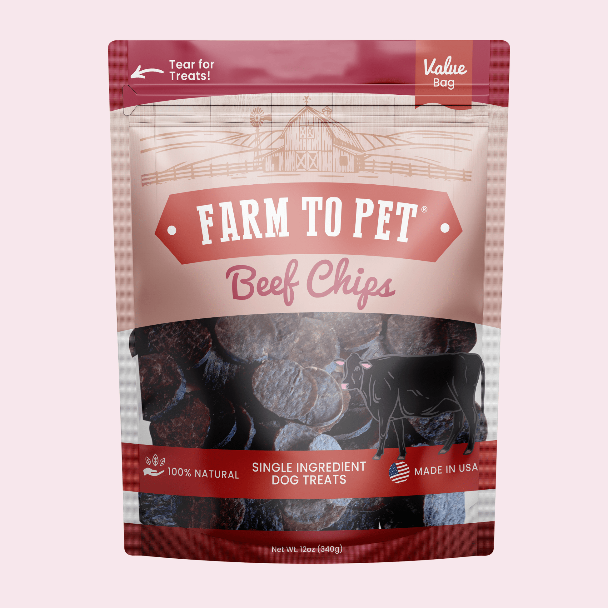 Farm To Pet beef chips dog treats, single-ingredient high-protein beef treats in a 12oz bag, natural healthy snack for dogs.