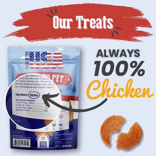 Farm To Pet Americana Chicken Chips for dogs, USA-made natural chicken dog treats in a 4oz bag.