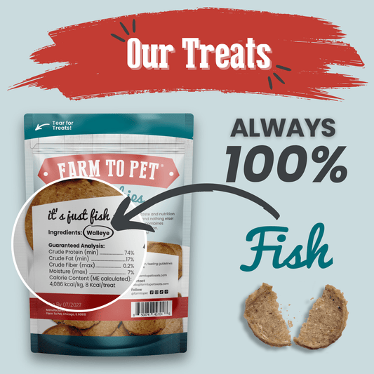Wild-caught fish dog treat chips by Farm To Pet, natural fish snacks for dogs in a 4oz package.