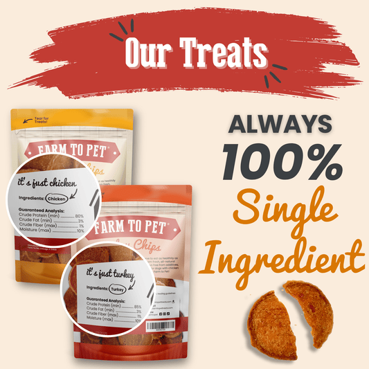 Farm To Pet turkey and chicken chip dog treats duo, nutrient-rich single-ingredient poultry treats for dogs, 4oz package.