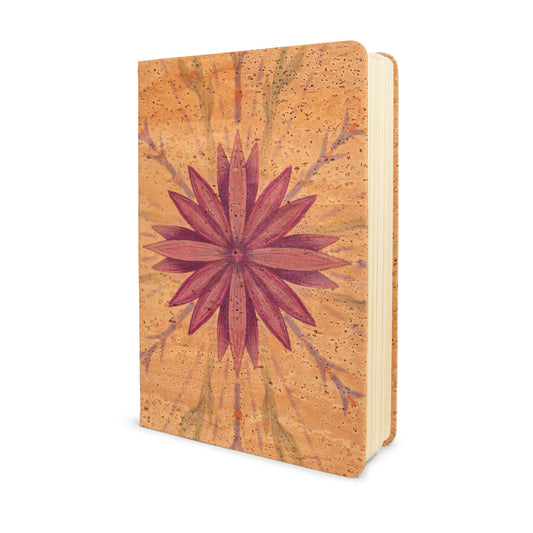 Yoloha Yoga Flight Home Cork Journal, a notebook with a cork cover, open to pages for writing and note-taking.
