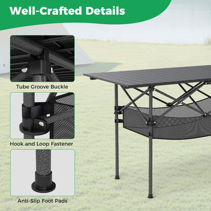 Patio Folding Camping Table with Roll-up Tabletop and Mesh Basket