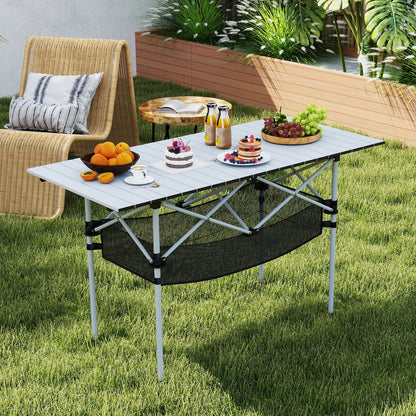 Patio Folding Camping Table with Roll-up Tabletop and Mesh Basket