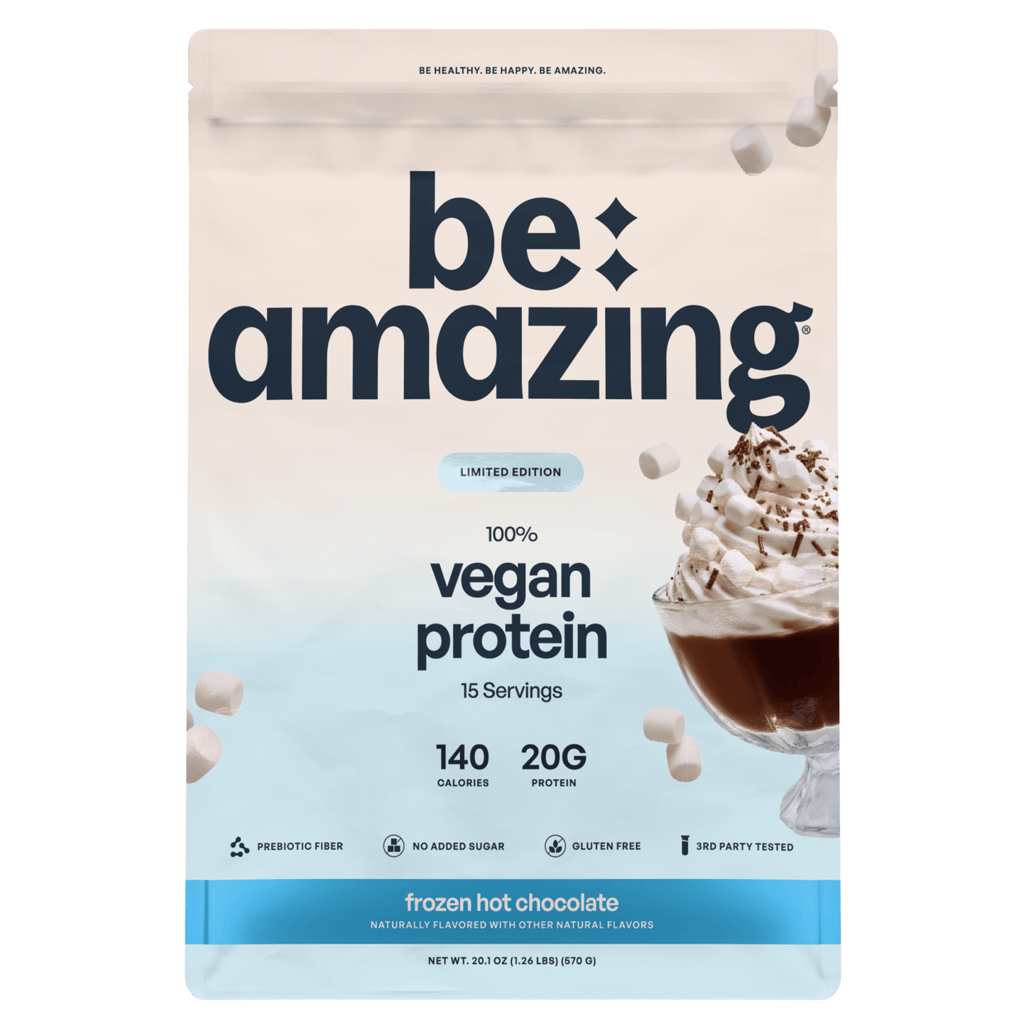 Frozen hot chocolate vegan protein powder by Be Amazing, showing the product packaging with a scoop and chocolate flavor ingredients.