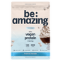 Frozen hot chocolate vegan protein powder by Be Amazing, showing the product packaging with a scoop and chocolate flavor ingredients.