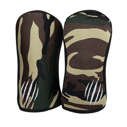 Green camouflage Bear KompleX knee sleeves, supportive compression gear for weightlifting and athletic activities.