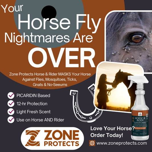 Zone Protects Horse & Rider Fly & Insect Repellent Spray in 32oz trigger sprayer, showing the bottle with spray nozzle.