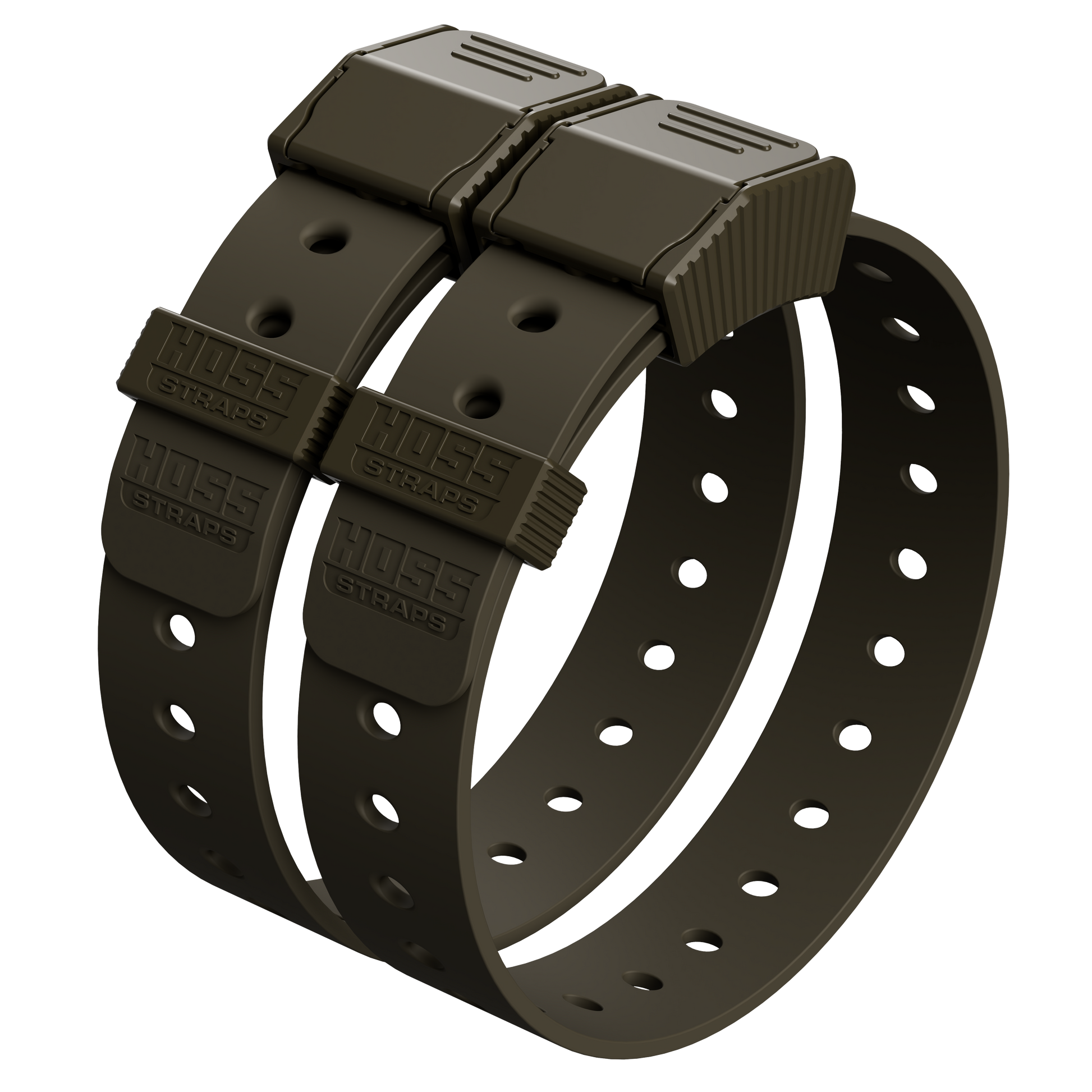 Two 24-inch olive green Hoss Straps Gear Straps from Hoss Straps, made for securing gear and equipment.