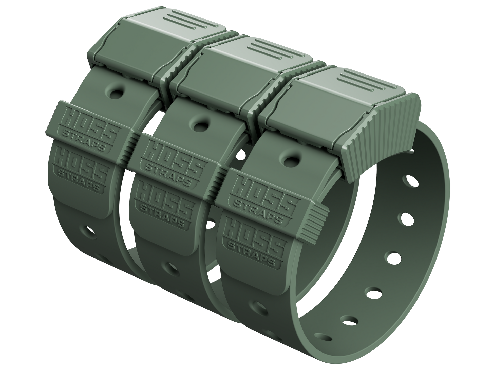 Three 12-inch Hoss Straps™ gear straps in seafoam green, showing their durable design and adjustable length.