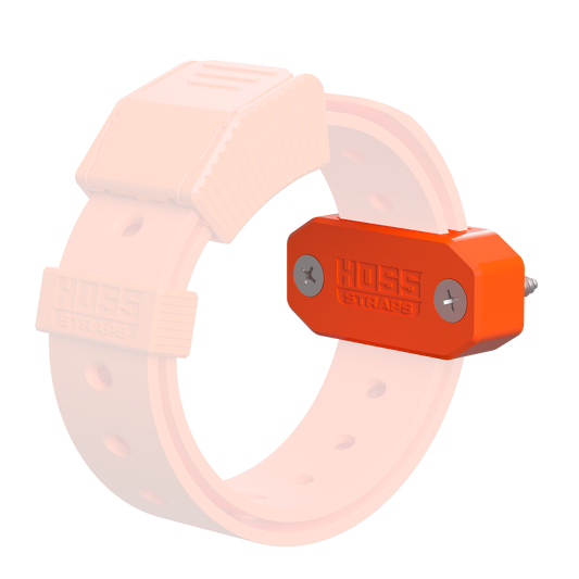 Pair of Hoss Straps™ double slot strap mount brackets in bright orange, designed for secure attachment and versatile use.