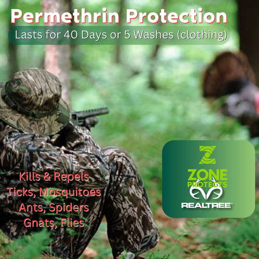 Zone Protects Realtree Outfitter's Permethrin Spray misting insecticide for outdoor protection against ticks and chiggers.