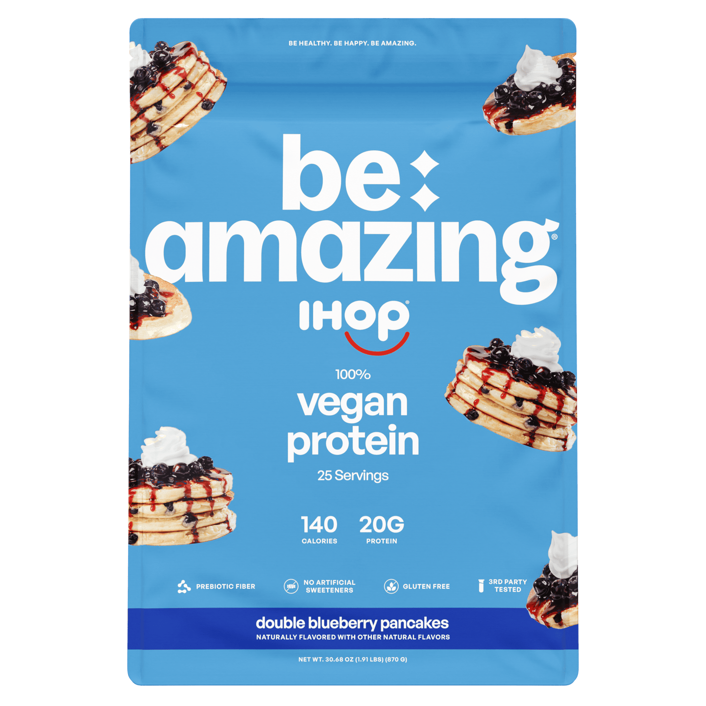 Be Amazing vegan protein powder with double blueberry flavor, shown in a glass with blueberries and a scoop of protein powder.