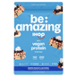 Be Amazing vegan protein powder with double blueberry flavor, shown in a glass with blueberries and a scoop of protein powder.