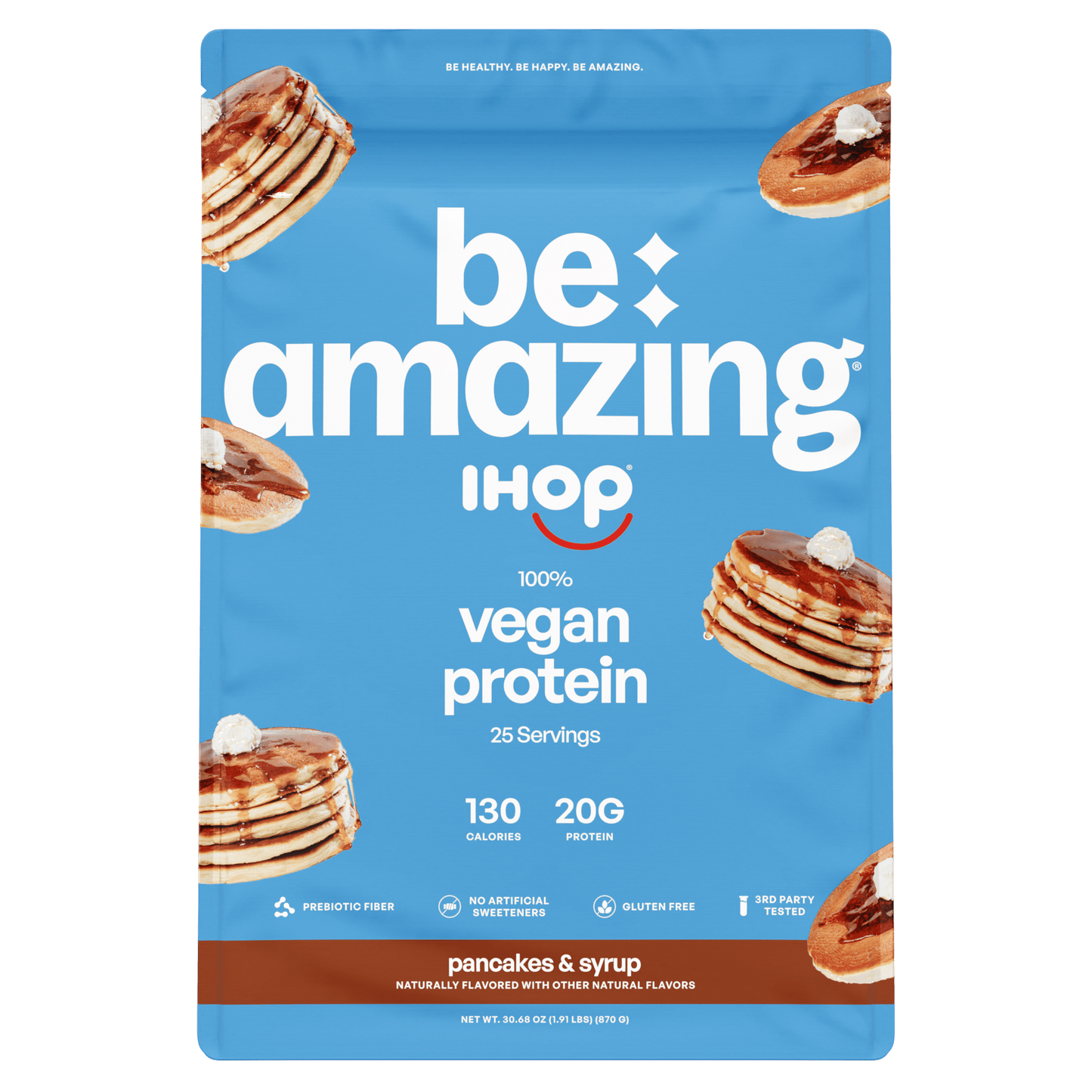 Vegan protein powder from Be Amazing, displayed alongside IHOP pancakes with syrup on a plate.
