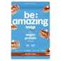 Vegan protein powder from Be Amazing, displayed alongside IHOP pancakes with syrup on a plate.