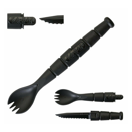 Americana Pipedream Apparel KA-BAR Tactical Spork with black handle and stainless steel fork and spoon for outdoor use